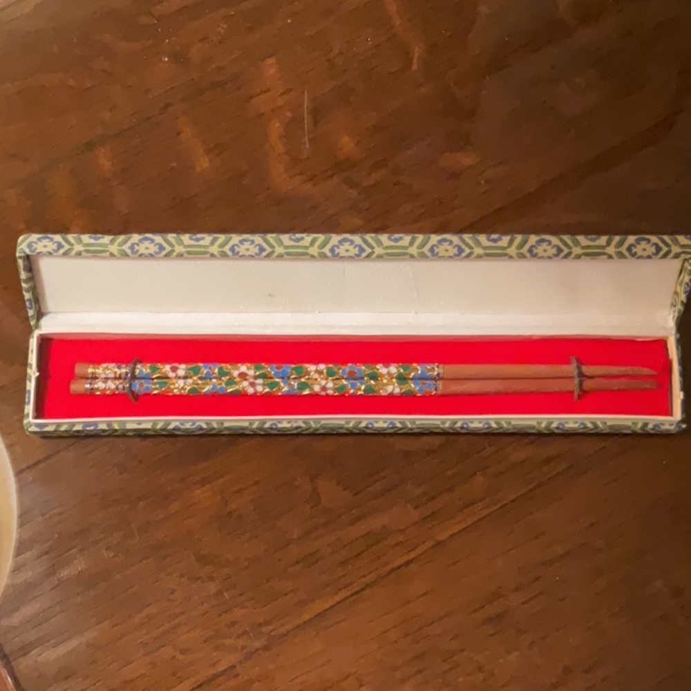 Vintage Cloisonné Chopsticks in a Batik Cloth Case Unused